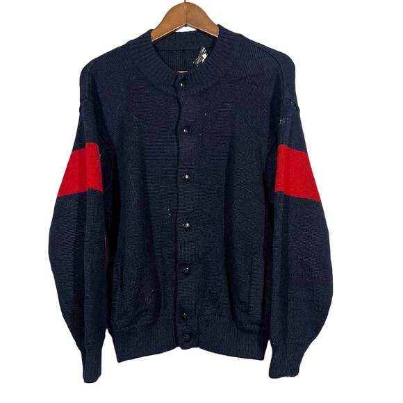 Vintage 60s Brooks Brothers Cardigan Sweater Snap Front Navy Red - M - Picture 1 of 3